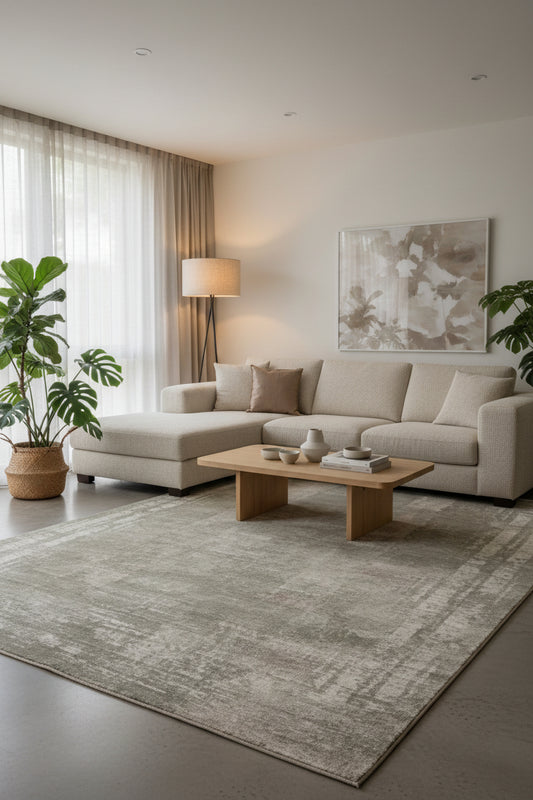 An abstract distressed rug with a textured, vintage pattern in muted gray, olive green, and beige tones.