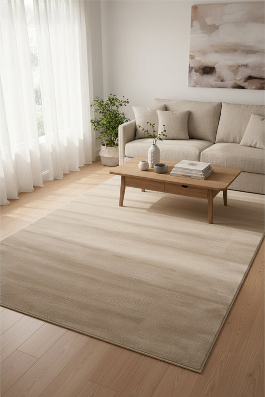 A rectangular area rug in a light beige or taupe color with a subtle horizontal textured pattern, shown flat against a white background.