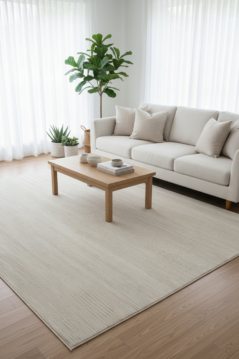 A rectangular area rug with a textured, horizontal ribbed pattern in a light cream and beige color palette.
