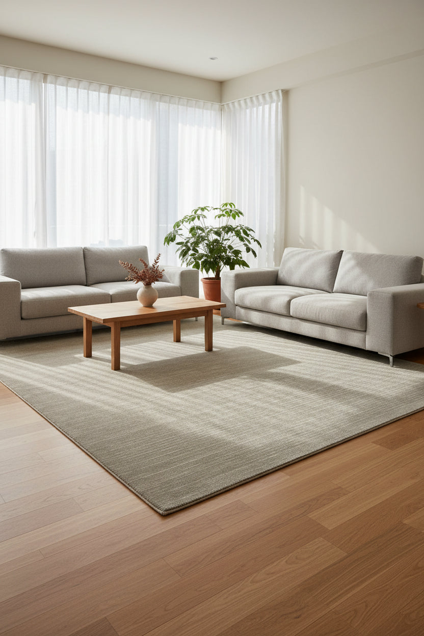 A rectangular area rug with a textured, heathered finish in a warm taupe-gray color, shown flat with one corner folded over on a white background.