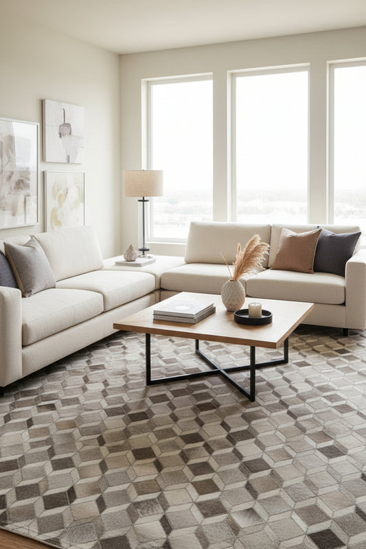 A close-up of a textured patchwork tile or mosaic surface made of many small diamond-shaped pieces in mixed neutral tones of beige, taupe, gray, and brown.