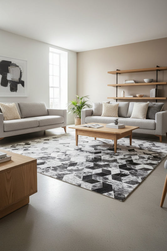 A black and white geometric pattern featuring interlocking 3D cube shapes with textured cowhide-like surfaces.