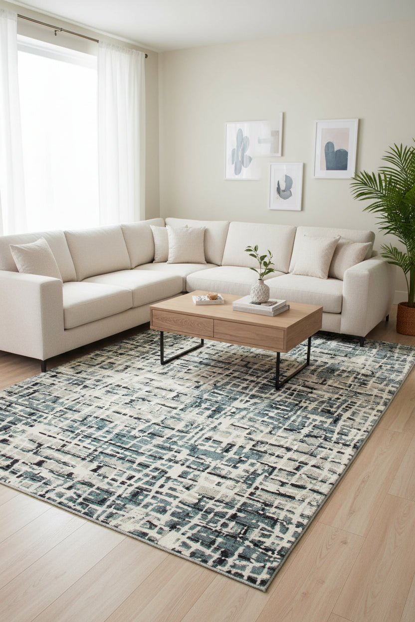 An abstract area rug featuring a distressed, cross-hatched pattern in slate blue, charcoal gray, and cream.