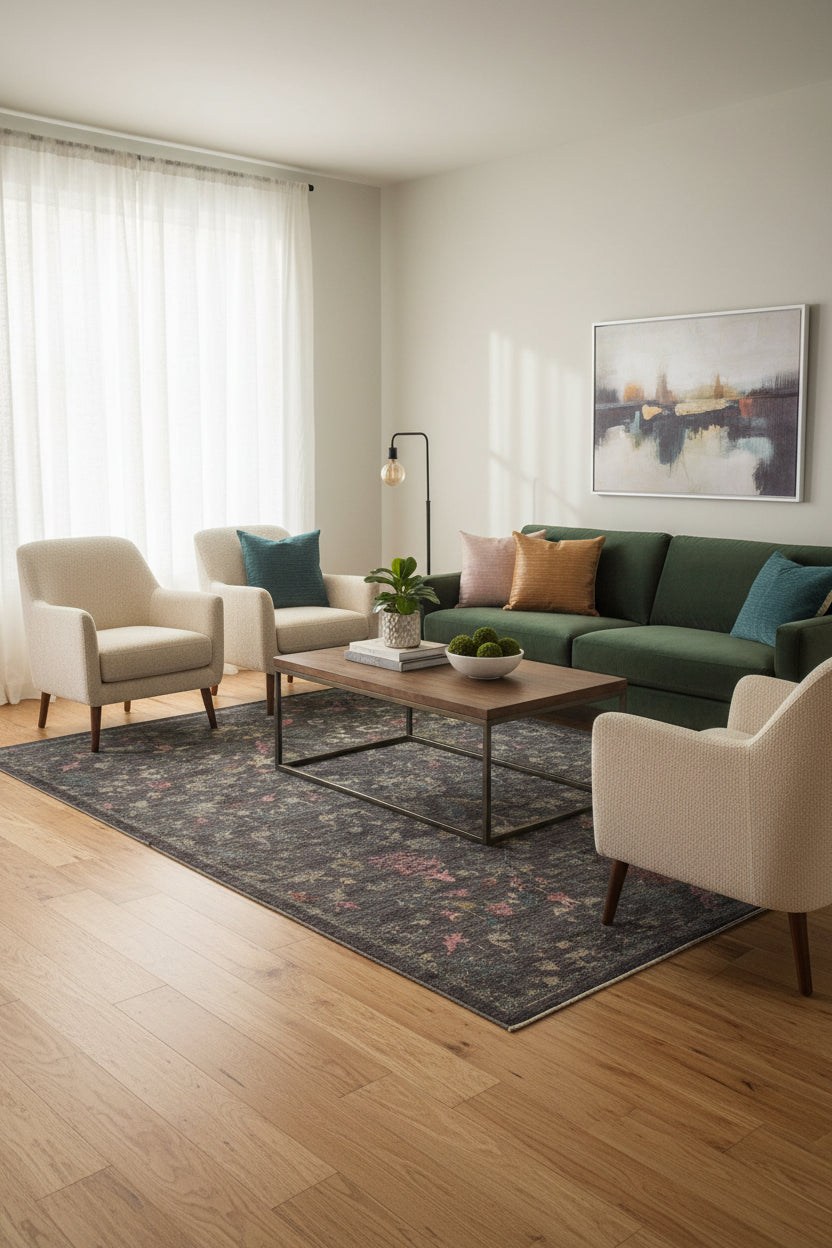 A rectangular area rug with a distressed traditional floral pattern in muted tones of charcoal gray, dusty blue, pink, and beige.