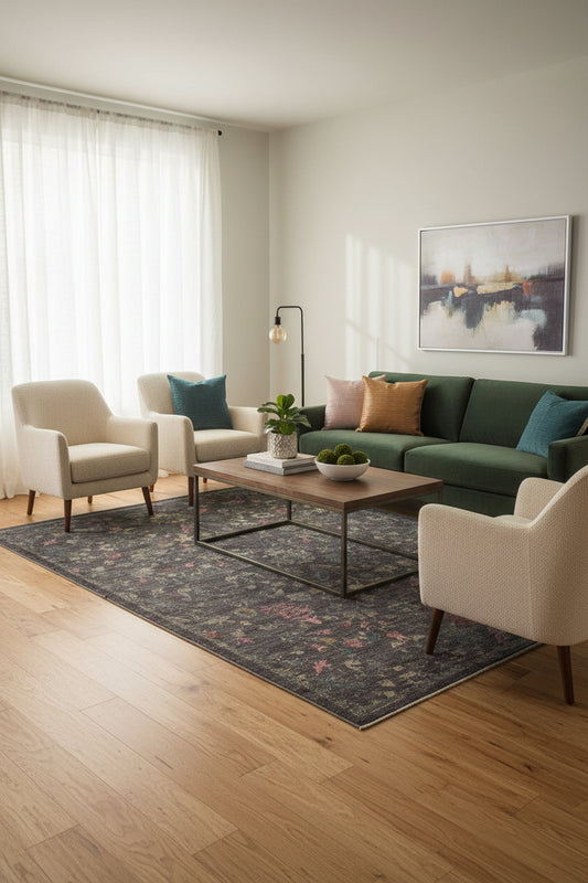 A rectangular area rug with a distressed traditional floral pattern in muted tones of charcoal gray, dusty blue, pink, and beige.