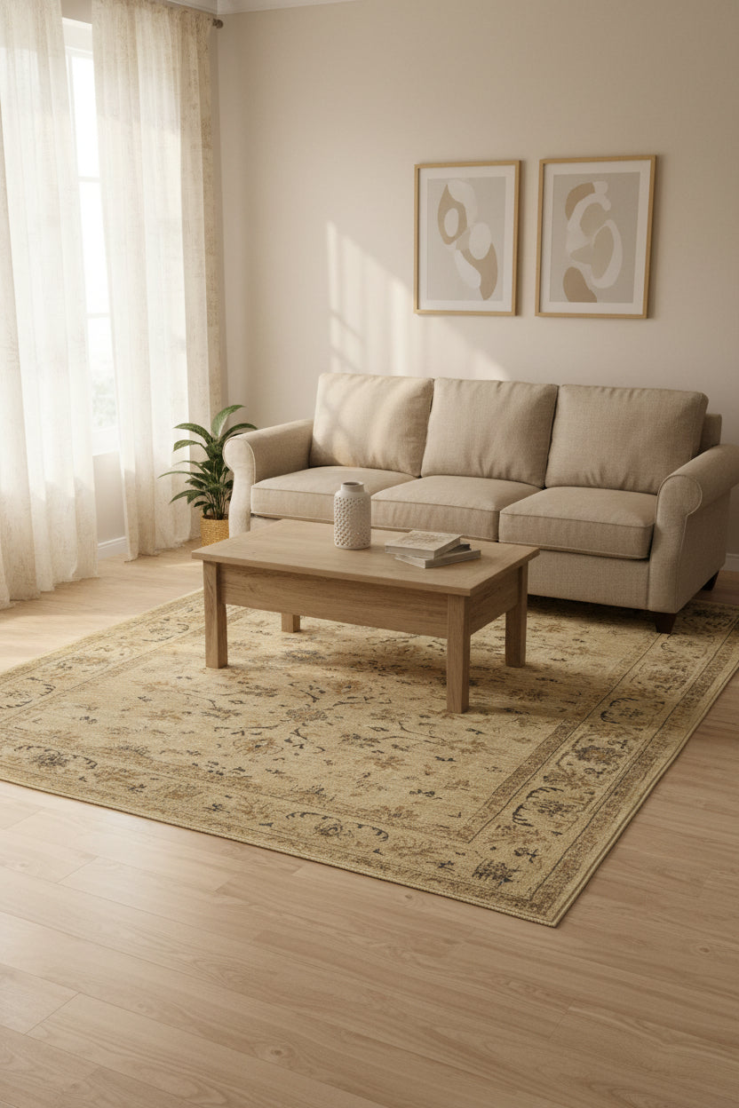 A rectangular vintage-style area rug with an ornate floral and medallion pattern in beige, cream, and muted brown tones, shown flat against a white background.