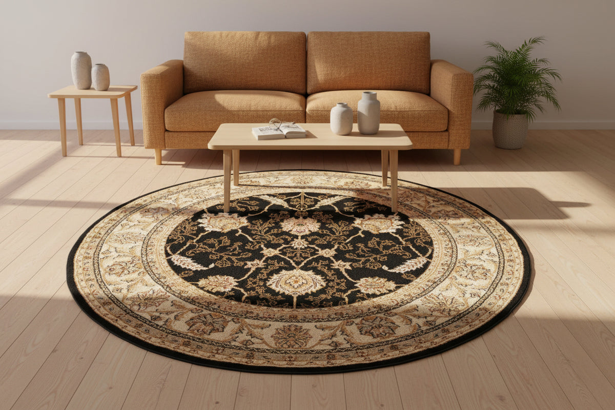 Round decorative rug with intricate black and beige pattern on a white background