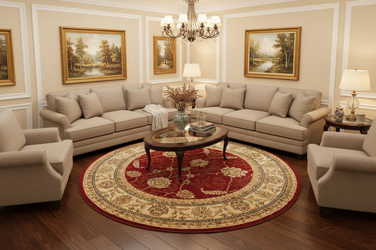Round decorative rug with intricate patterns on a white background