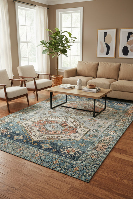 A distressed traditional area rug featuring a central medallion pattern in muted blue, beige, rust orange, and gray tones.