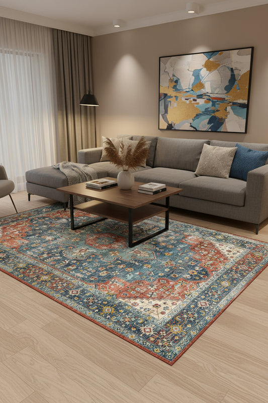 A distressed traditional area rug with an ornate central medallion and floral motifs, featuring a color palette of dusty blue, terracotta red, cream, and beige.