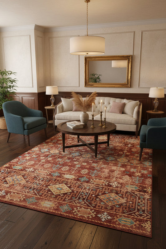 A flat-lay view of a vintage-style area rug featuring a distressed tribal pattern in rust red, terracotta, beige, and light blue.