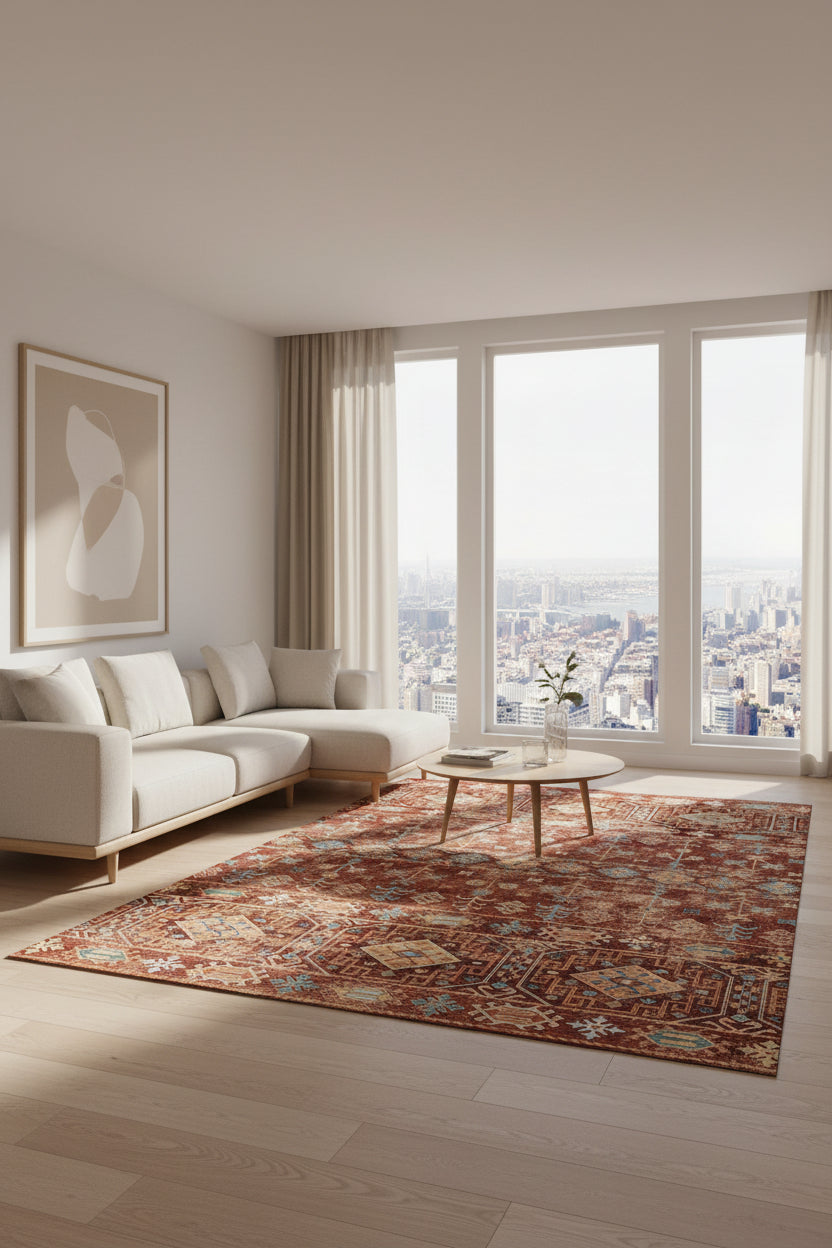 A flat-lay view of a vintage-style area rug featuring a distressed tribal pattern in rust red, terracotta, beige, and light blue.
