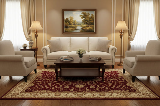 A traditional oriental-style area rug with a deep burgundy red field, ornate beige and gold floral motifs, and a wide beige border.