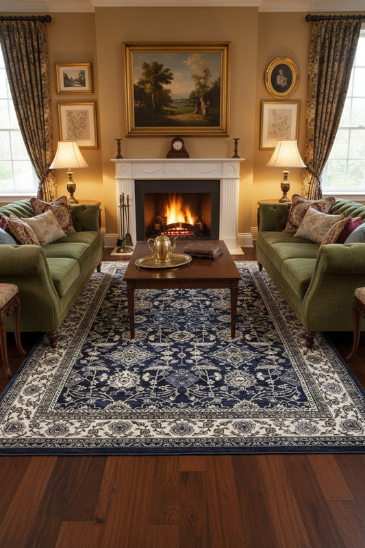 A traditional oriental-style area rug with an intricate floral and geometric pattern in navy blue, cream, and gray, shown flat from a top-down perspective.