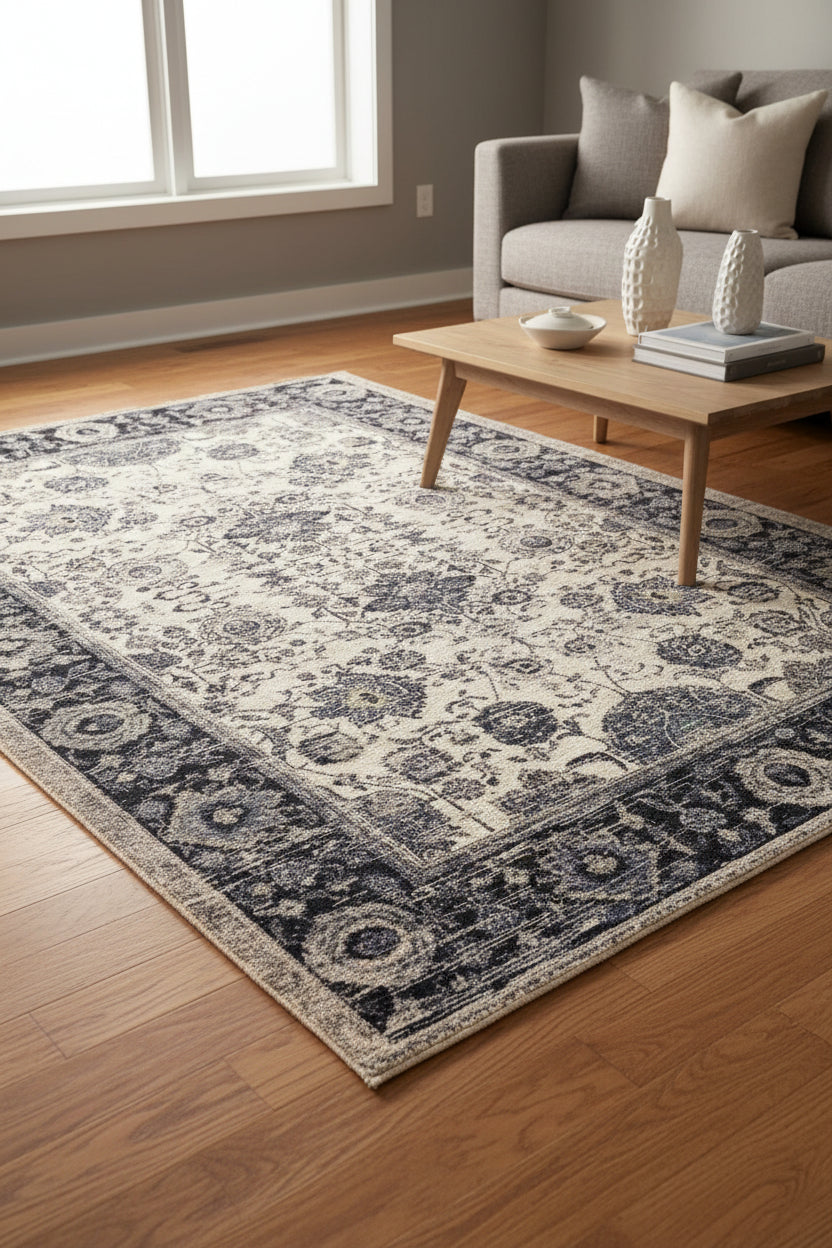 A rectangular area rug with an ornate traditional floral pattern, featuring a cream center field and a dark navy blue border.