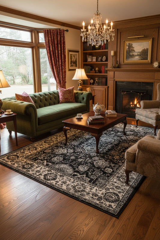 Decorative rug with intricate patterns in black and white on a matching border