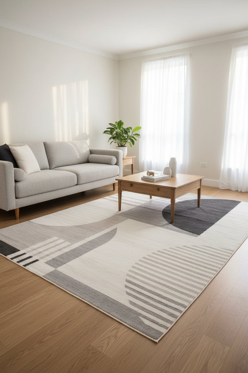 A modern geometric area rug featuring abstract shapes and stripes in shades of gray, charcoal, beige, and off-white.