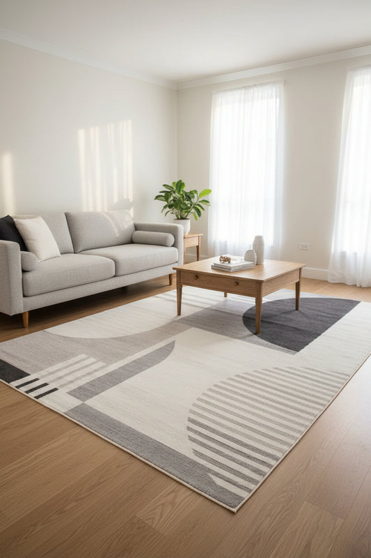 A modern geometric area rug featuring abstract shapes and stripes in shades of gray, charcoal, beige, and off-white.