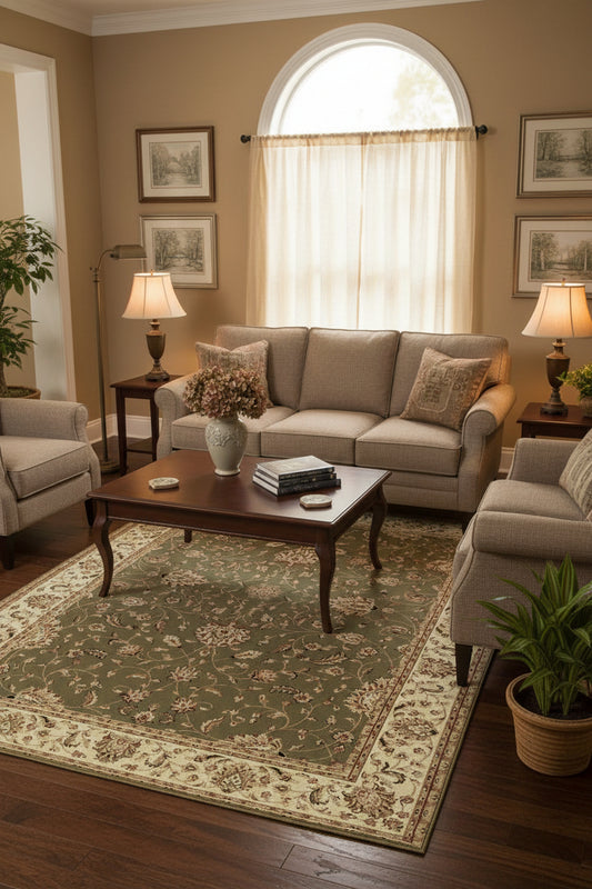 An area rug with an intricate traditional floral pattern, featuring a dark olive green center field and a wide cream-colored border with detailed floral motifs.