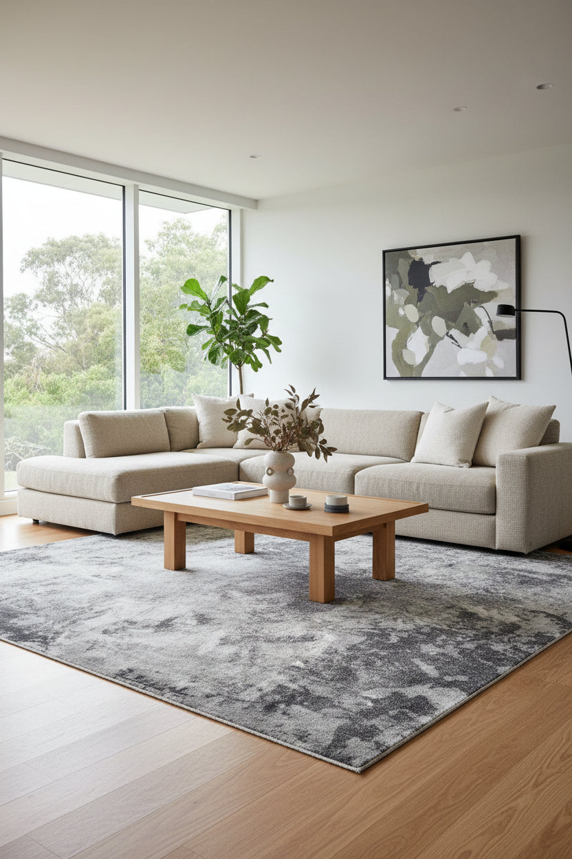 A square area rug with an abstract, distressed pattern in shades of gray, black, and white.