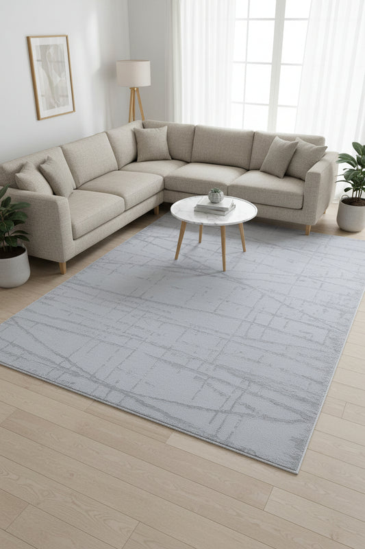 Gray area rug with abstract line pattern on a white background