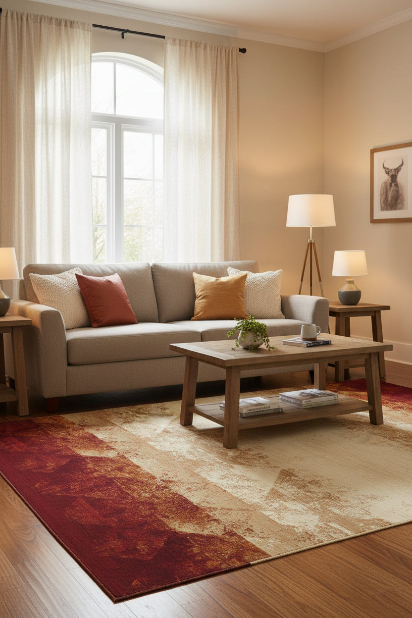 An abstract geometric pattern featuring horizontal bands of distressed brown, beige, and deep burgundy with a textured, grunge-style triangular design.