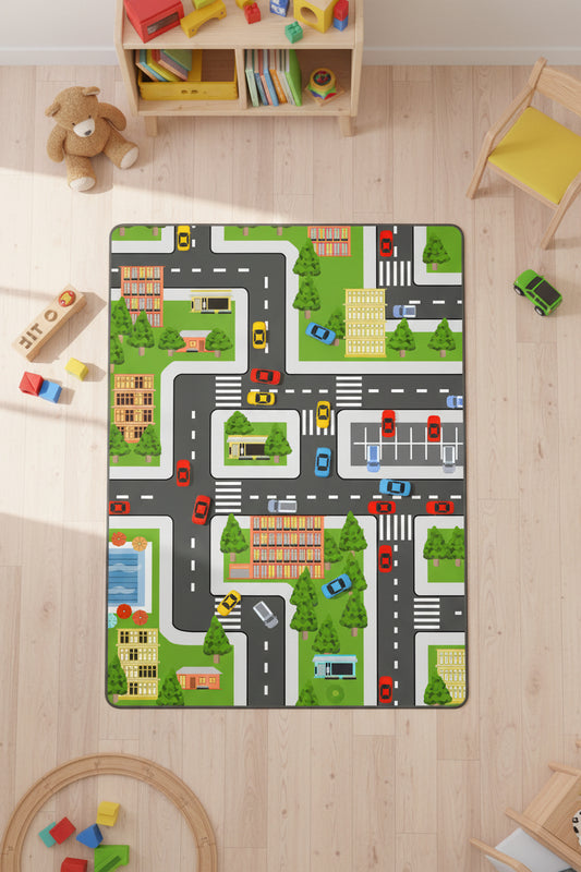 Cartoon-style city street with roads, buildings, cars, and trees.