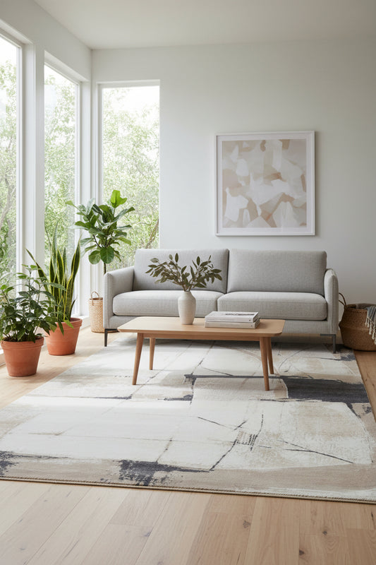 An abstract area rug featuring a modern geometric design with overlapping rectangular blocks in cream, beige, taupe, and charcoal gray.