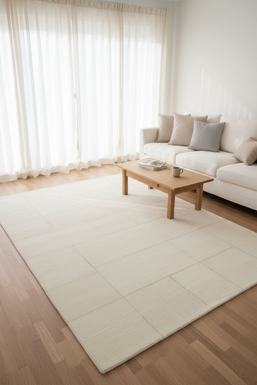 A square area rug with a modern geometric pattern of light gray and off-white rectangular blocks, creating a subtle brick or stone-mosaic effect.