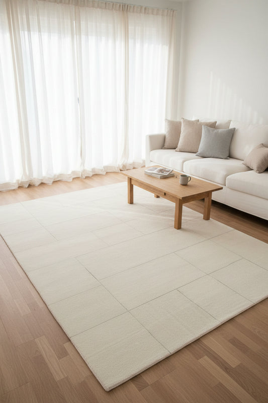 A square area rug with a modern geometric pattern of light gray and off-white rectangular blocks, creating a subtle brick or stone-mosaic effect.