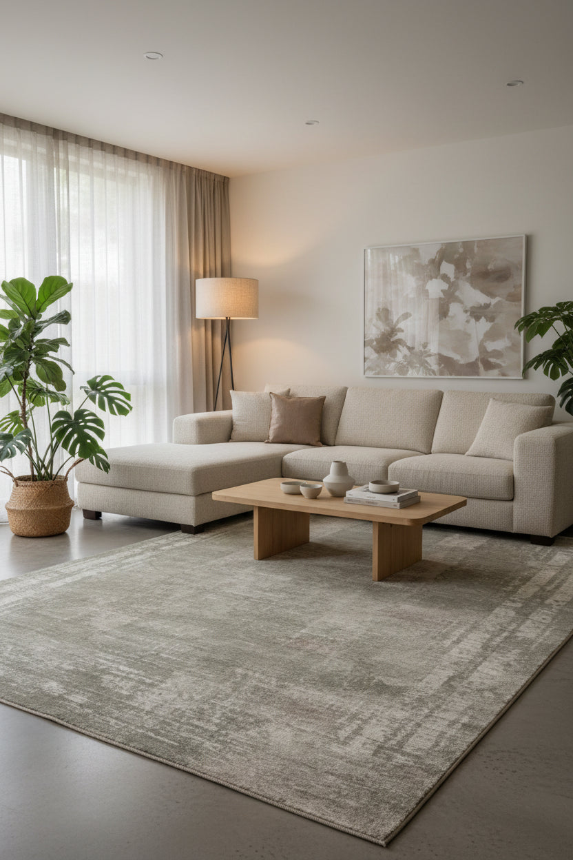 An abstract distressed rug with a textured, vintage pattern in muted gray, olive green, and beige tones.