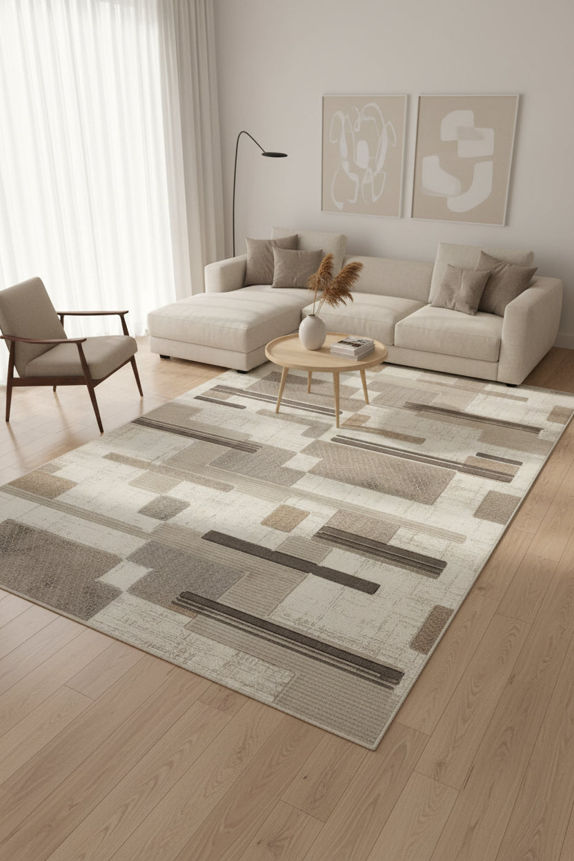 An abstract geometric pattern featuring blocks and horizontal lines in shades of taupe, gray, brown, and beige on a textured off-white background.