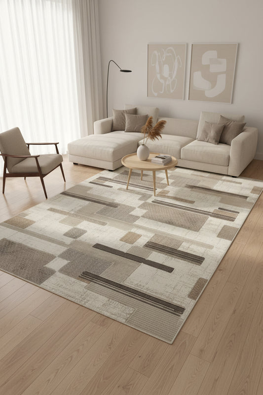 An abstract geometric pattern featuring blocks and horizontal lines in shades of taupe, gray, brown, and beige on a textured off-white background.