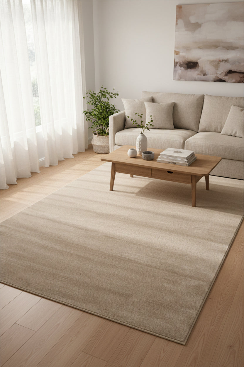 A rectangular area rug in a light beige or taupe color with a subtle horizontal textured pattern, shown flat against a white background.