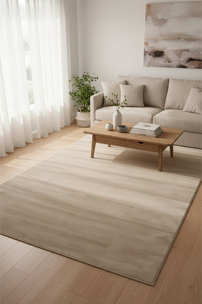 A rectangular area rug in a light beige or taupe color with a subtle horizontal textured pattern, shown flat against a white background.