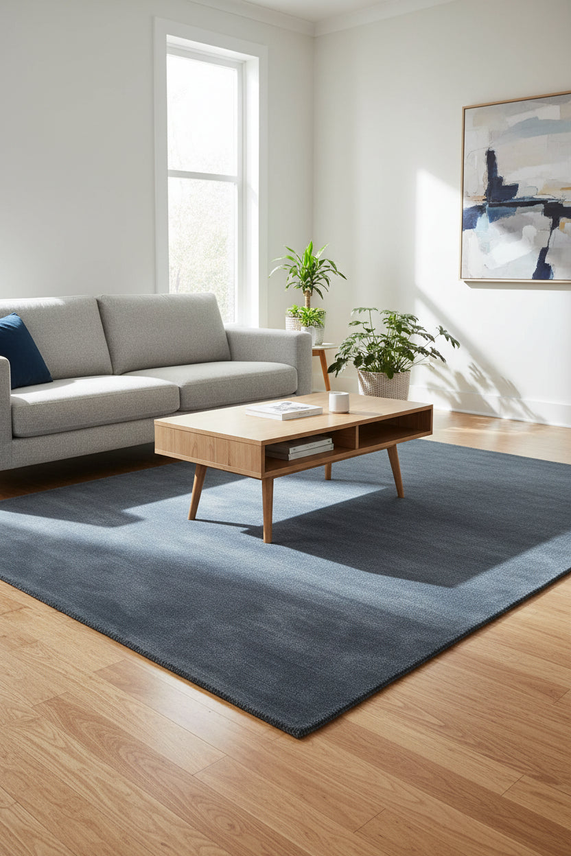 A rectangular area rug in a dark slate blue-gray color, shown from a top-down view against a white background.
