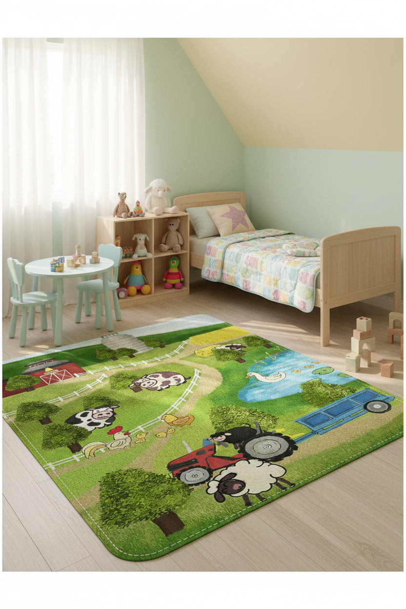 A colorful cartoon-style farm scene with a red barn, silo, green hills, cows, a pig, chickens, a duck, sheep, trees, a pond, and a red tractor pulling a blue trailer.