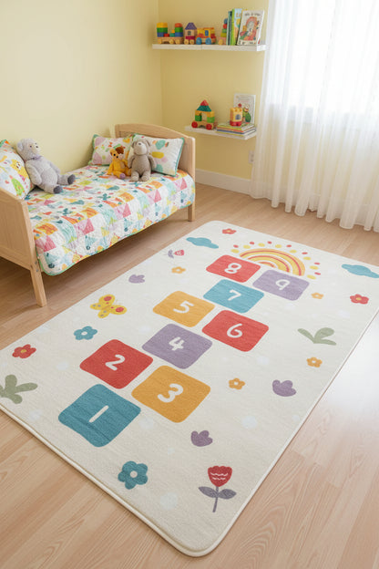 Children's play mat with colorful numbers and shapes on a dark surface