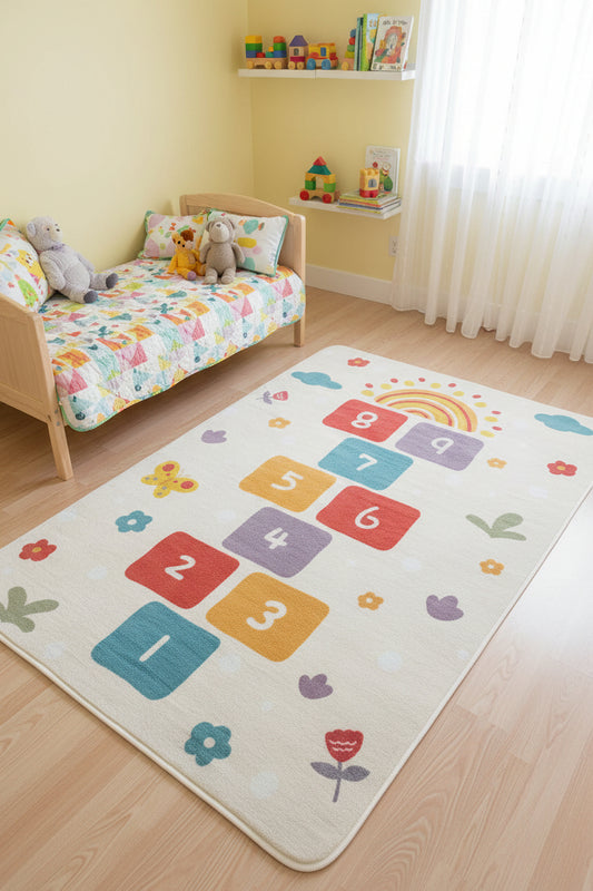Children's play mat with colorful numbers and shapes on a dark surface