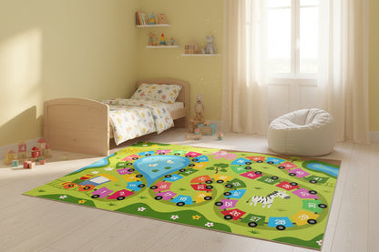 Colorful children's game board with animals and numbers on a green background