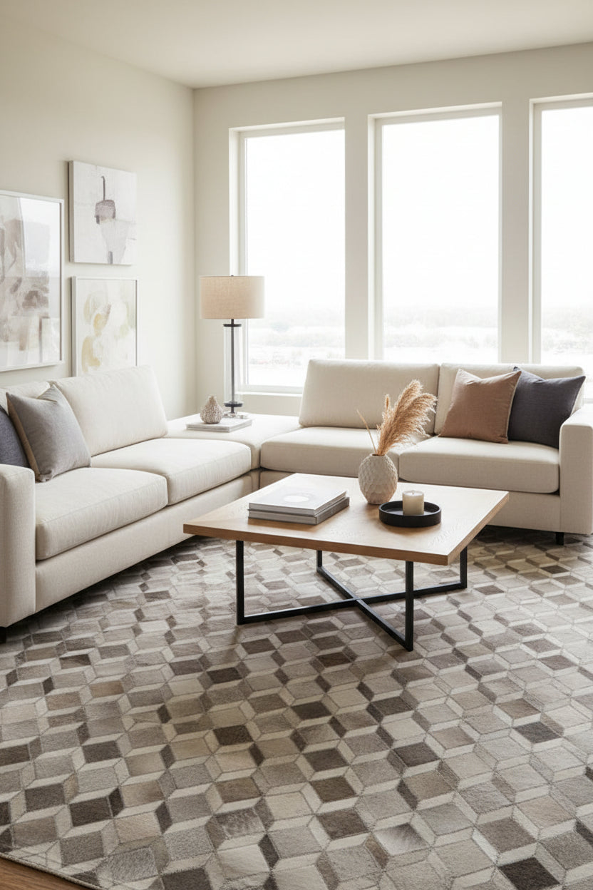 A close-up of a textured patchwork tile or mosaic surface made of many small diamond-shaped pieces in mixed neutral tones of beige, taupe, gray, and brown.