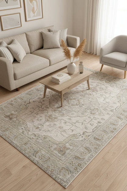 A traditional oriental-style area rug with an intricate floral and geometric medallion pattern in muted beige, gray, and taupe tones.