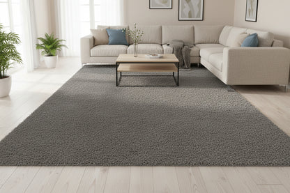 A rectangular gray area rug with a subtle textured, mottled surface pattern, shown from a top-down perspective on a white background.