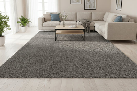 A rectangular gray area rug with a subtle textured, mottled surface pattern, shown from a top-down perspective on a white background.