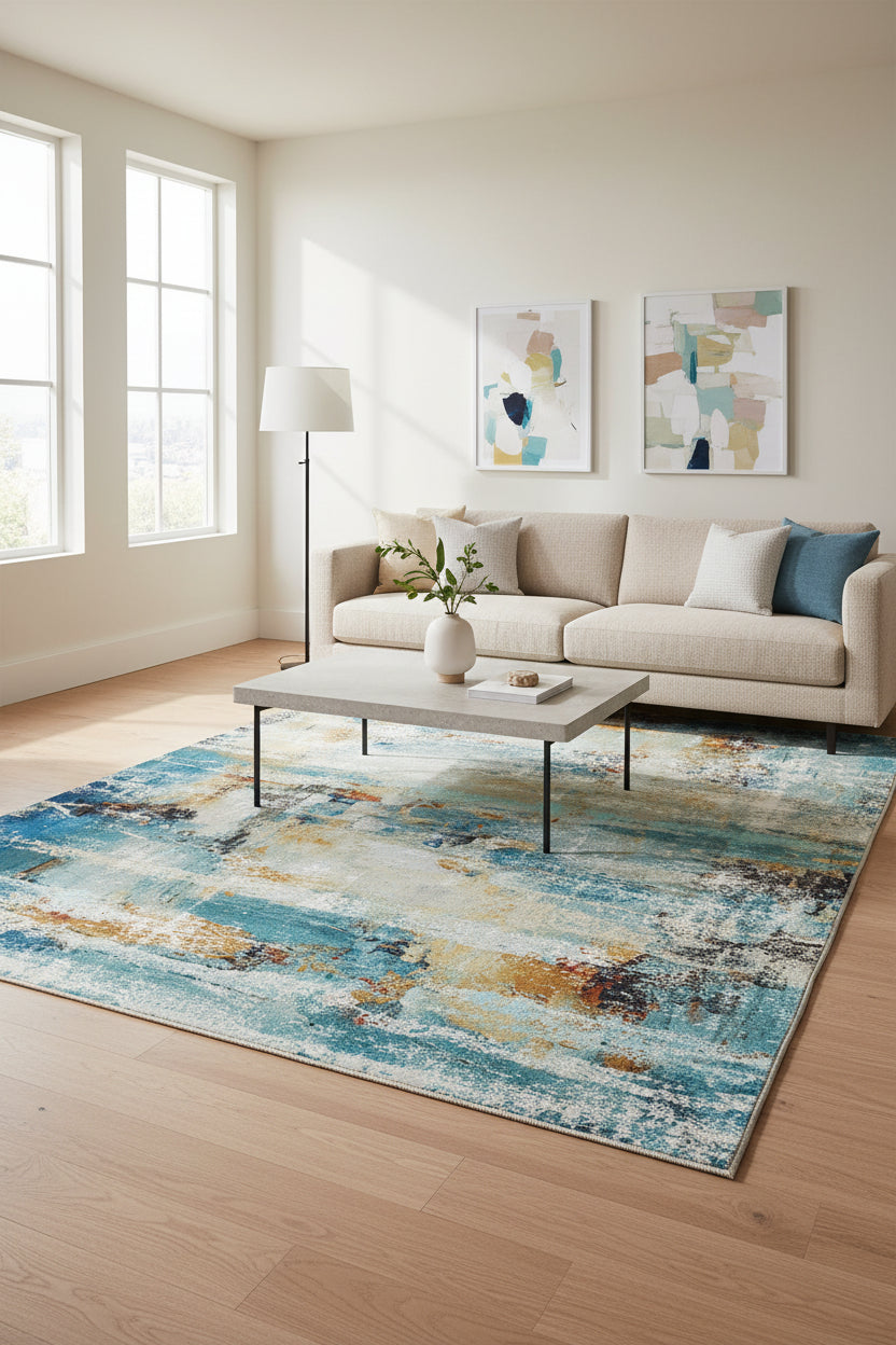 An abstract textured painting with horizontal brushstrokes in shades of blue, teal, cream, beige, and rust brown.