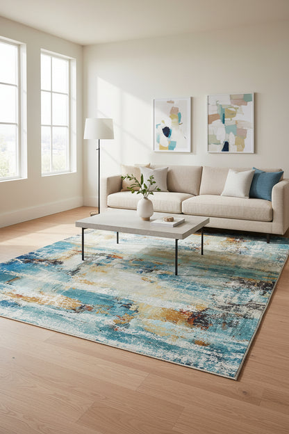 An abstract textured painting with horizontal brushstrokes in shades of blue, teal, cream, beige, and rust brown.