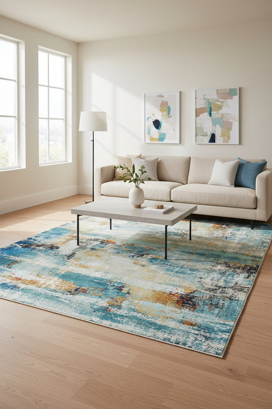An abstract textured painting with horizontal brushstrokes in shades of blue, teal, cream, beige, and rust brown.
