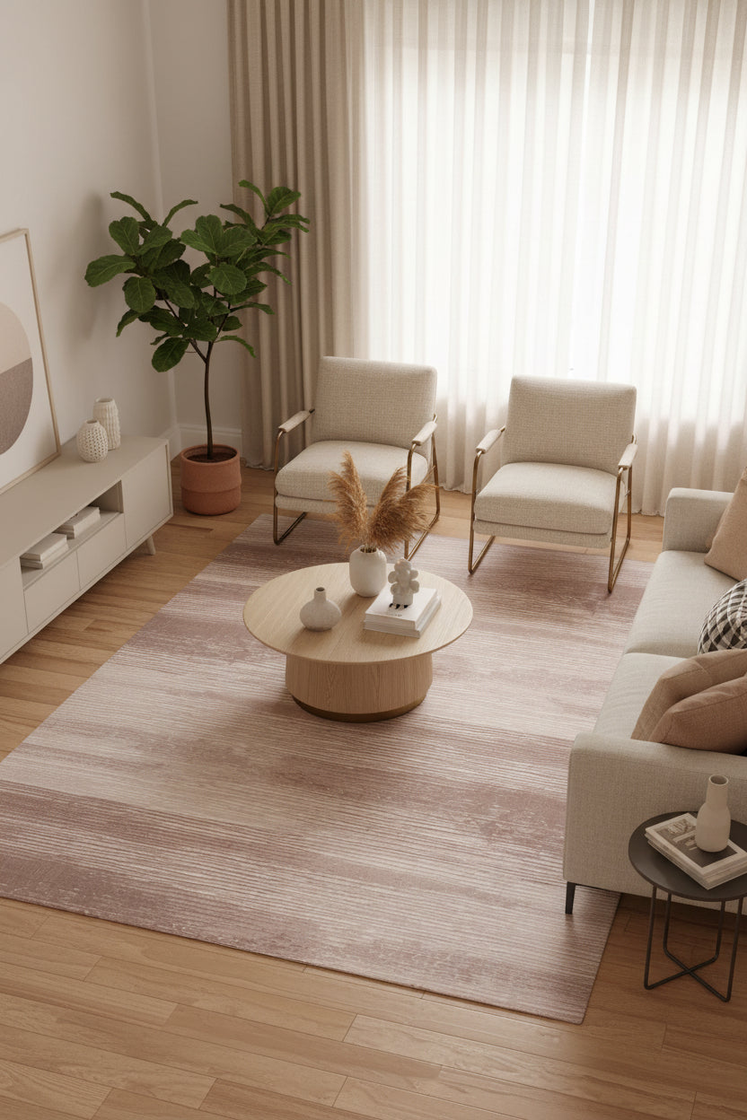 A close-up of a textured surface with horizontal brushstroke-like bands in warm beige, taupe, and dusty rose tones.