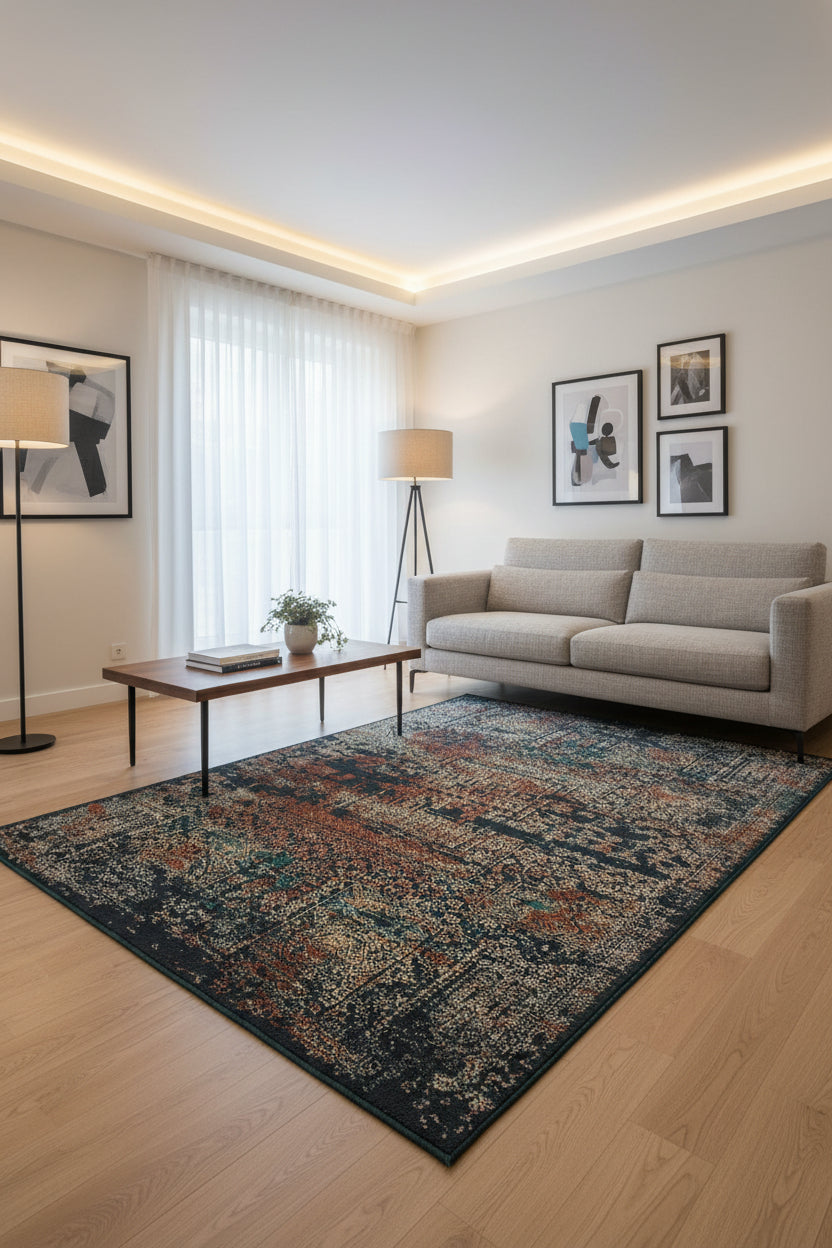 A rectangular area rug with a distressed, vintage-style traditional pattern in dark navy, rust orange, beige, and muted teal.