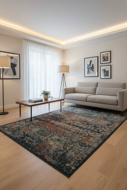 A rectangular area rug with a distressed, vintage-style traditional pattern in dark navy, rust orange, beige, and muted teal.